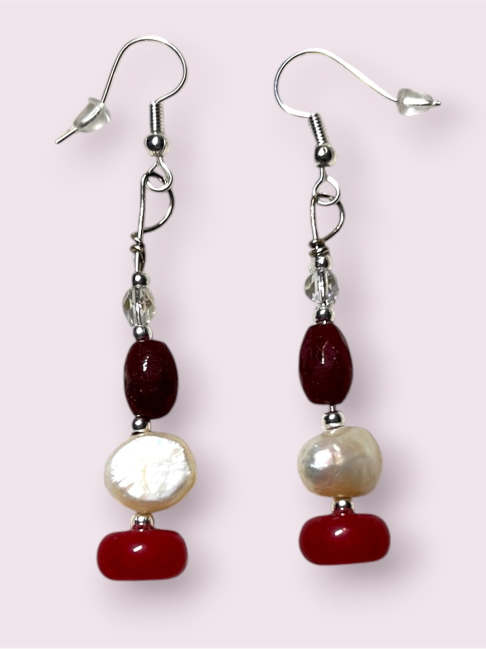 Handmade Red Garnet, Freshwater Pearl & Strawberry Quartz Dangle Earrings